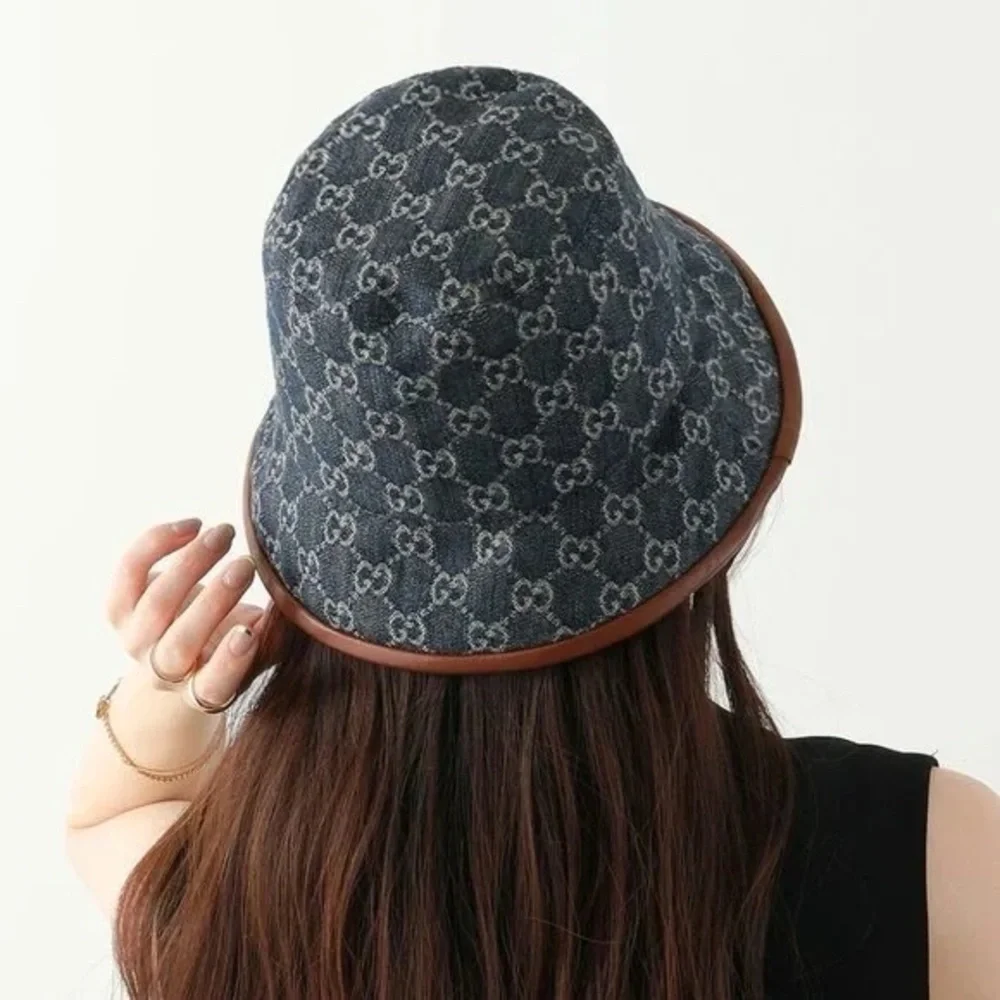 Denim Supreme Monogram Bucket Hat Stiff Navy Blue Canvas Brown Calf Leather Trim - Picture 7 of 13